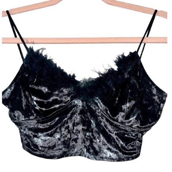 Dolls Kill Capsule Dark Butterfly Velvet Marabou Feather Trim Fluffy Small Black - Picture 1 of 7